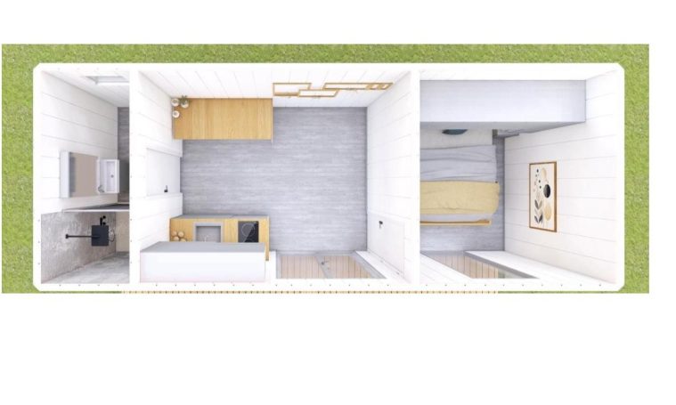 Plano de distribución de un espacio interior con cocina, sala y área de descanso.