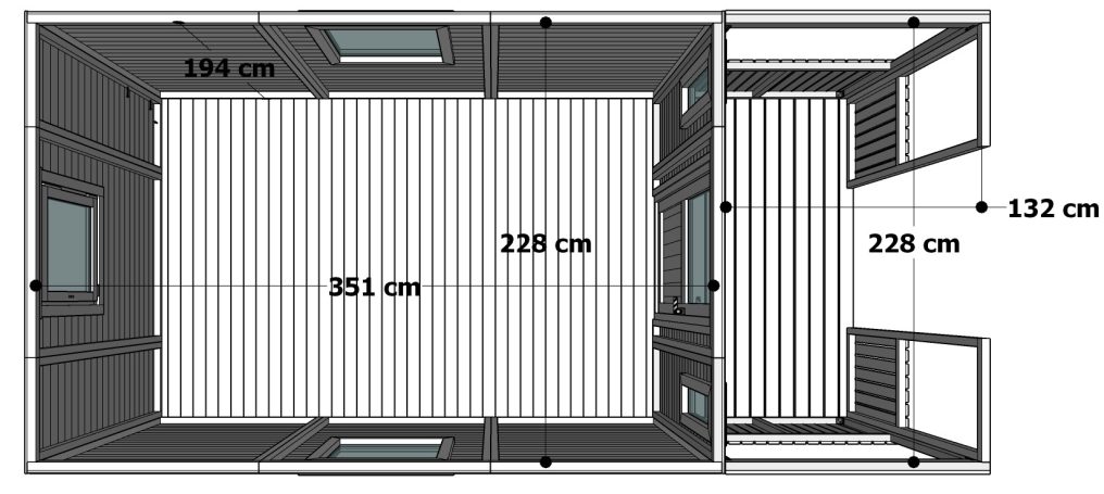 Plano técnico con medidas del interior Plano de una habitación con medidas: 173 cm x 239 cm y un espacio adicional de 123 cm.