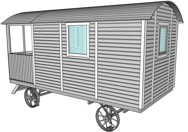 Render técnico del exterior del wagon Caravana de madera con ventanas azules y ruedas, diseño sencillo y rústico.